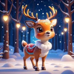 Cute Reindeer in Snowy Winter Forest