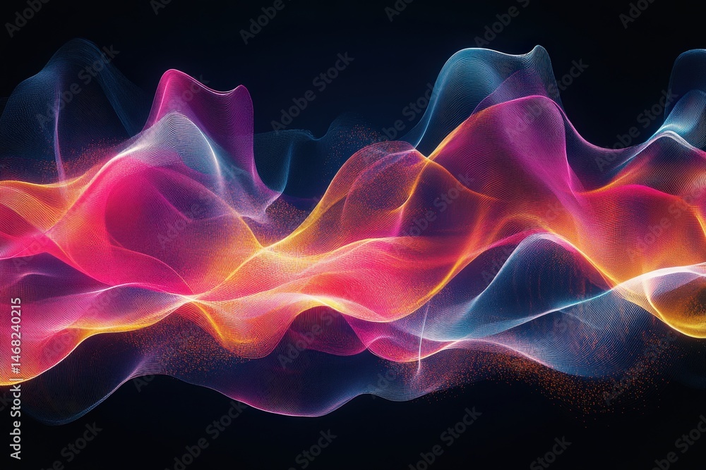 Poster abstract design with flowing, colorful lines and particles.