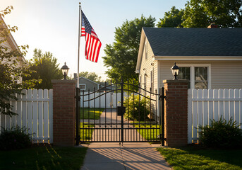 American Flag Waving at a Suburban Home Entrance with a Black Metal Gate and White Fence during Sunrise