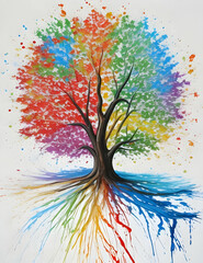 Naklejka premium Multicolored tree branches spreading, representing global unity through vivid spectrum, symbolizing interconnectedness and environmental harmony in natural landscape