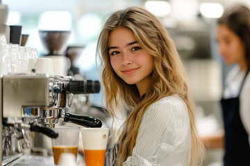 A young woman learning to make espresso at a barista school, steaming milk and pulling a shot.