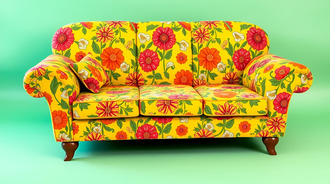 vintage 1960s 1970s tacky ugly flower patterned sofa couch, kitsch, bold, colorful, psychedelic, groovy, outdated, nostalgic, eccentric, loud, garish, patterned, paisley, mustard yellow, retro, green