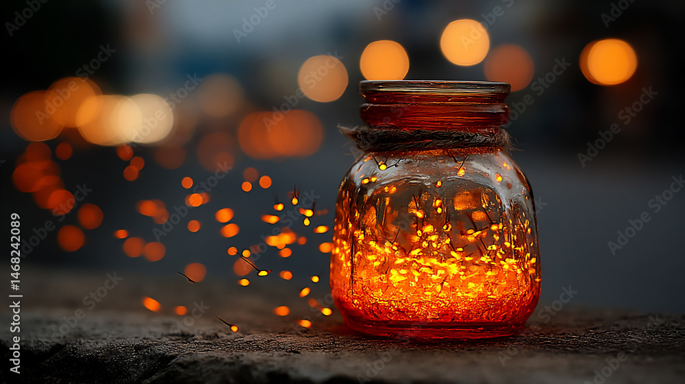 Poster a close-up of fireflies glowing in a jar, creating a soft, enchanting light in a dark setting.