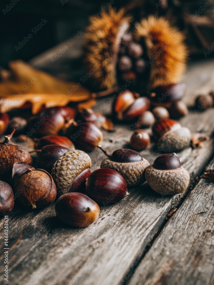 Poster fallen chestnuts and acorns scattered across a rustic wooden table during autumn generative ai
