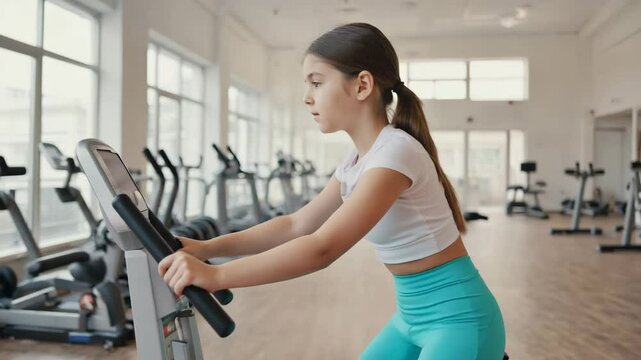 A young woman focusing on her workout on a stationary bike in a gym.  She is dressed in activewear and has her hair pulled back, showcasing her determination and dedication to fitness