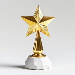 Gold star award trophy on a white base.  Detailed gold star with a pointed stem, resting on a textured white pedestal