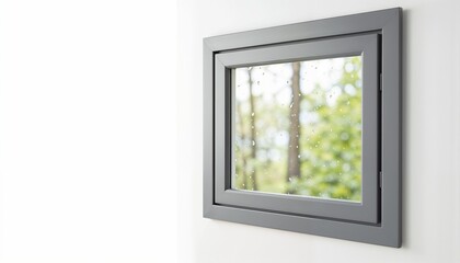 Fototapeta premium modern square window with gray frame on white wall, view of green trees through clean glass, minimal architectural interior detail