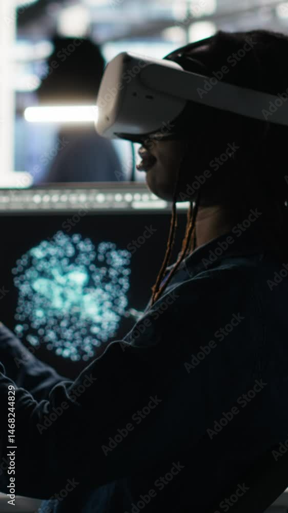 Aufkleber vertical video data center engineer using virtual reality technology and node tree software to analy