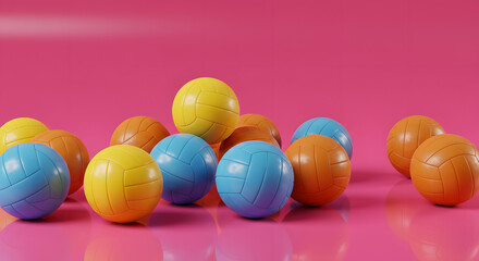Pile of Colorful Volleyballs 3D Render on Pink Background for Sport Events and Playful Designs