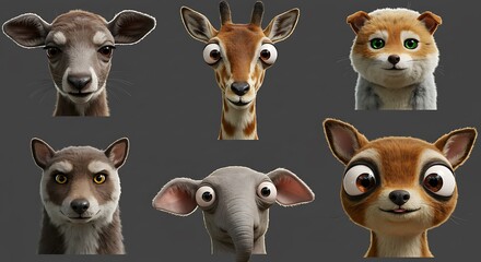 Obraz premium Adorable Cartoon Animals: A Collection of Six Unique 3D Rendered Portraits