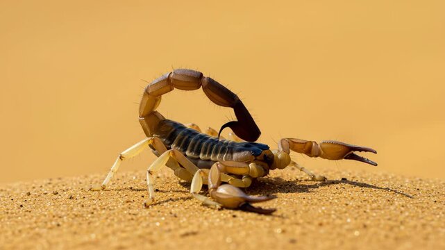 Scorpion posing on sandy desert background  