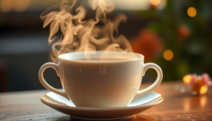 Fototapeta premium steaming cup of coffee on a saucer