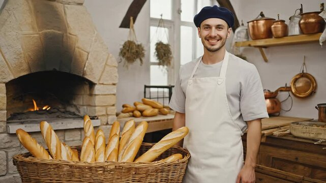 Baker smiling proudly with fresh bread in a rustic kitchen  