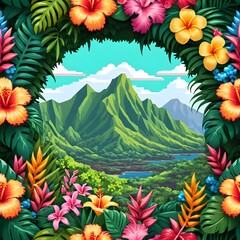 Tropical Paradise Lush Flowers Framing Volcanic Landscape