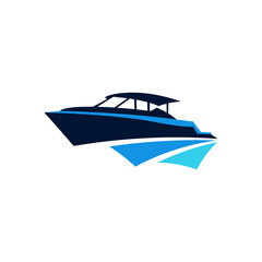 Stylish Blue Motorboat on Sea Wave Logo