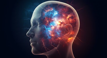 Human Head with Galaxy Inside and Lightning Illustration Concept Art