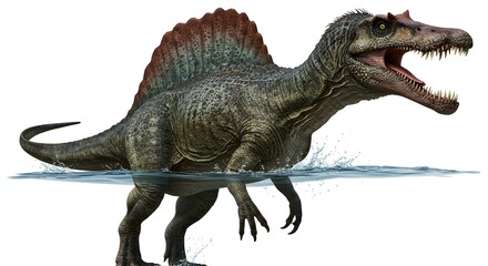 Fototapeta premium Spinosaurus Walking in Water with Open Mouth Isolated on White