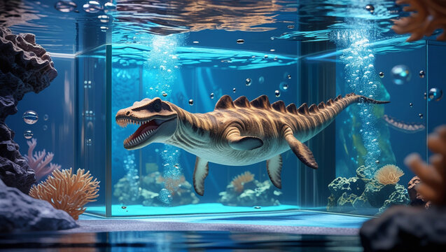 AI Generative. High quality illustration of a mosasaurus swimming inside a large modern aquarium tank with clear blue water. 3