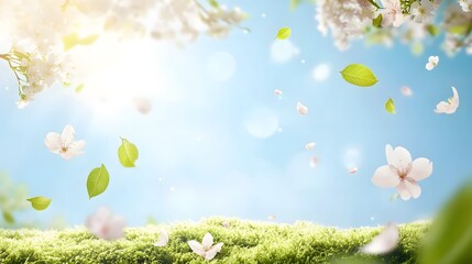Obraz premium Spring blossoms falling against a backdrop of vibrant greenery.