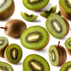 Fototapeta premium Fresh Kiwi Fruit Slices and Whole Kiwis on White Background