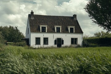 Quiet countryside house surrounded by tall grass and trees stands against a cloudy sky, evoking a serene atmosphere of rural life during midday in a peaceful setting
