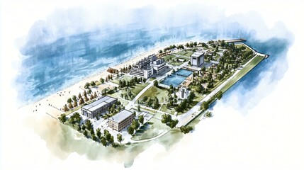 Hand-drawn plan view of an eco-industrial park with clustered bioenergy plants, green buffer zones, shared water treatment wetlands, and pedestrian greenways linking buildings
