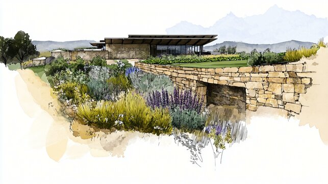 Concept sketch of a regenerative agriculture pavilion with green roof fields, thermal mass stone walls, solar tracker canopies, and open breezeways overlooking demonstration plots