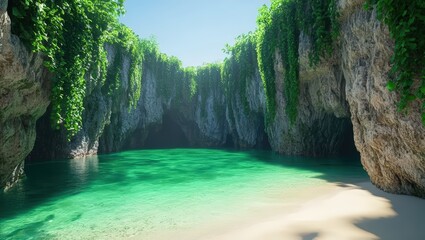 Fototapeta premium Tropical Beach Cave with Green Water and Plant Life