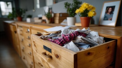 Cluttered office desk drawer overflowing with crumpled papers, documents, and personal items in a home workspace