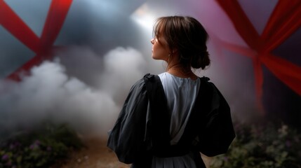 Woman standing outdoors near foggy atmosphere with abstract red framework in background