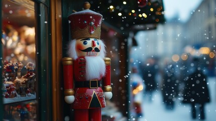 Festive nutcracker figurine in snowy holiday market.