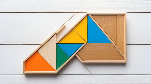 Wood tangram puzzle in parallelogram shape on white wood background