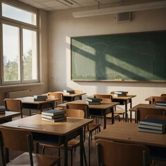 Empty Classroom. Back to school concept in high school. Classroom Interior Vintage Wooden Lecture Wooden Chairs and Desks. Studying lessons in secondary education.