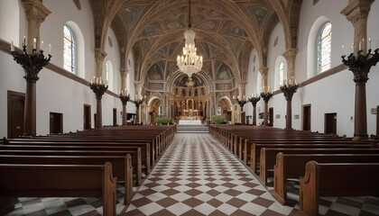Fototapeta premium Empty Church Interior with Checkerboard Floor