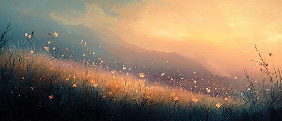 Sunrise meadow with wildflowers