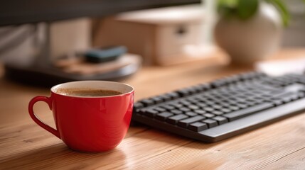Red coffee mug beside a computer keyboard on a wooden desk.