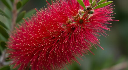 Close-up of Red Bottlebrush Flower with Green Leaves in Natural Light
