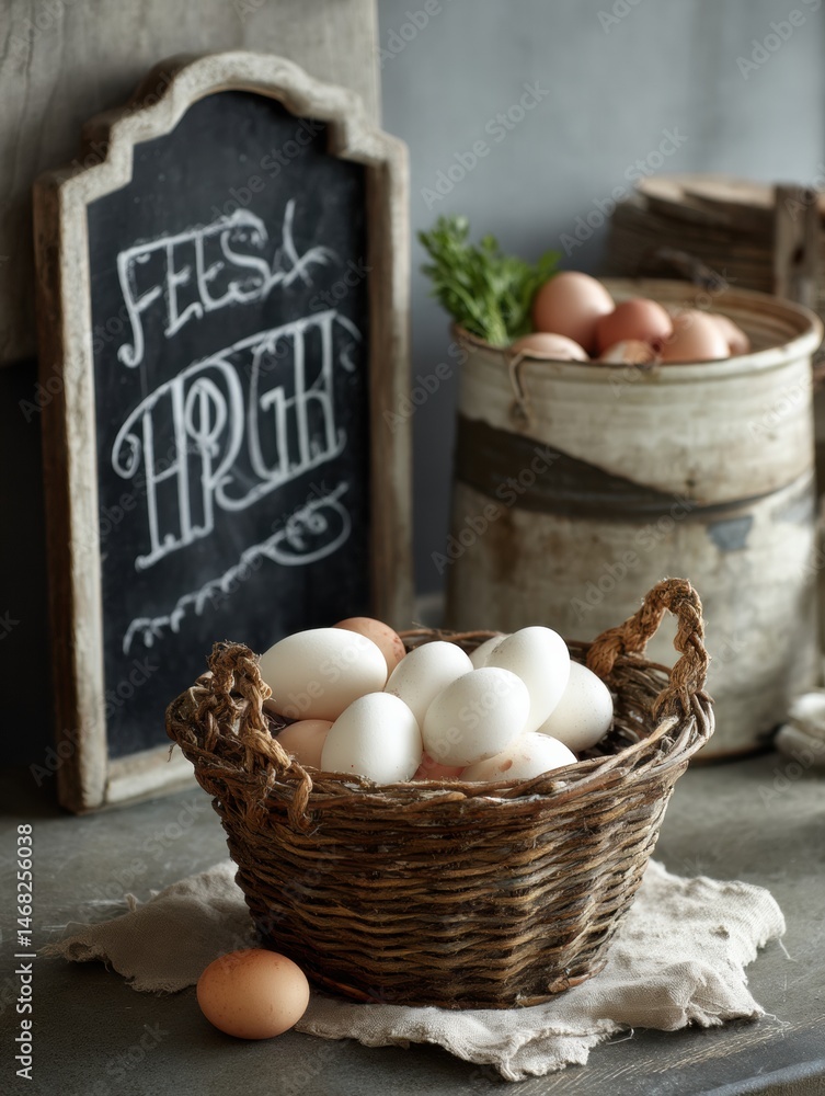 Poster rustic market display featuring fresh eggs and a charming chalkboard sign in an inviting setting gen