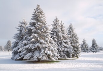 Snow-covered pine trees in a tranquil winter landscape.