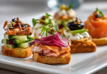 Gourmet appetizers with smoked salmon and fresh toppings.