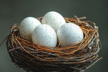 Obraz premium Nest of speckled eggs nestled within a woven nest.