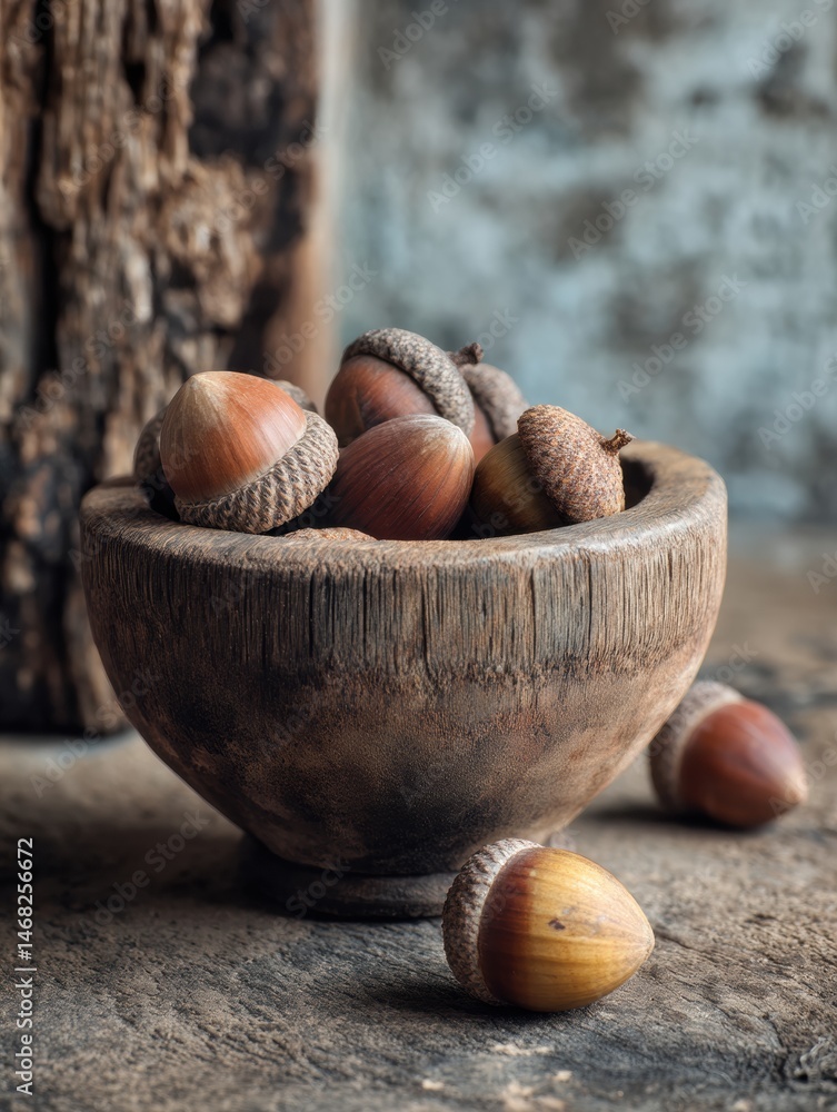 Poster acorns gathered in a rustic wooden bowl resting on a textured surface with natural elements around g