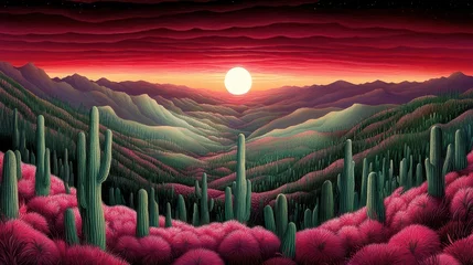 Keuken achterwand Bordeaux Crimson sunset casting over the desert landscape of Arizona with cacti and blooming flora in this vibrant southwestern vista scene  © Artajar