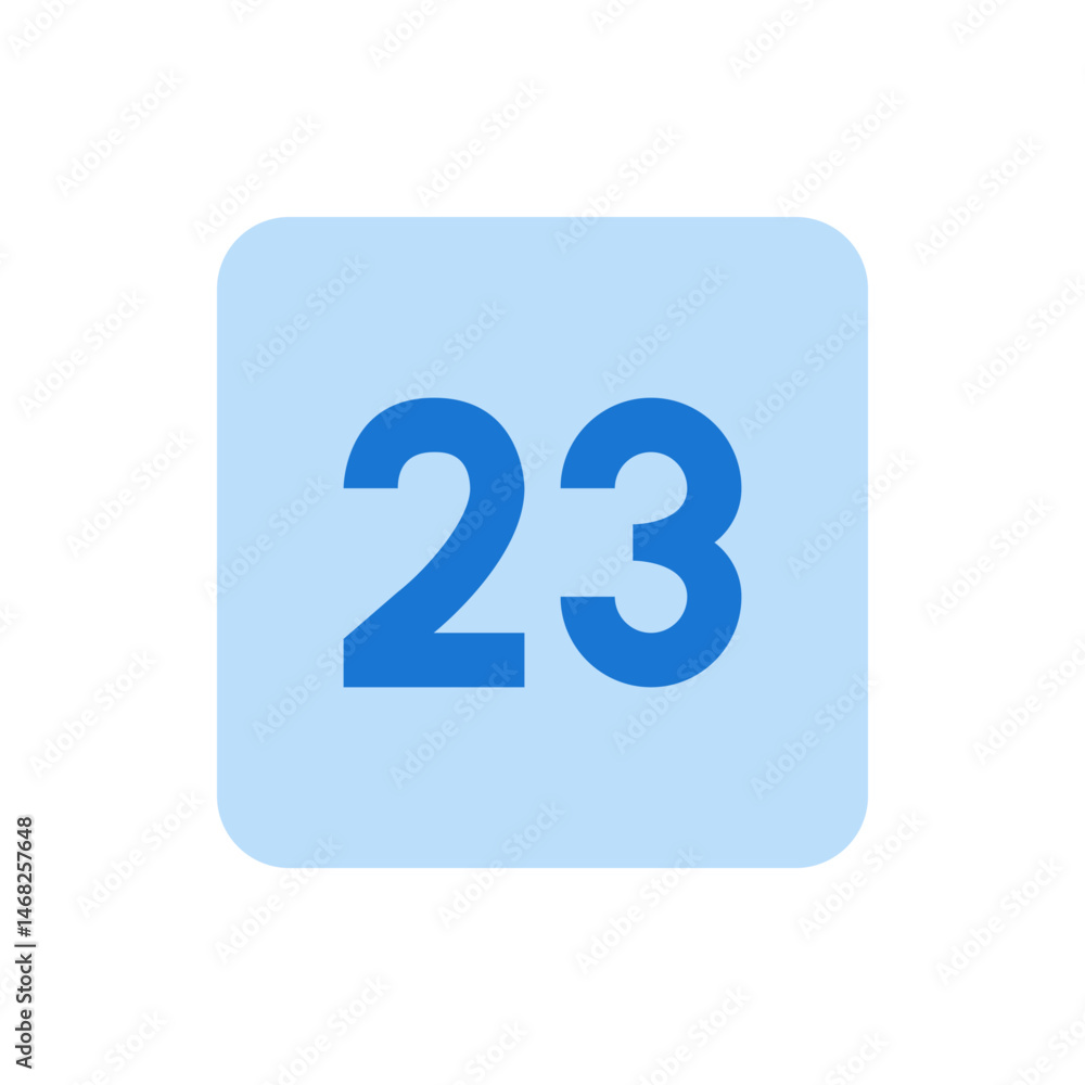 Poster illustration of the number twenty three in blue on a light blue rounded square background centered v