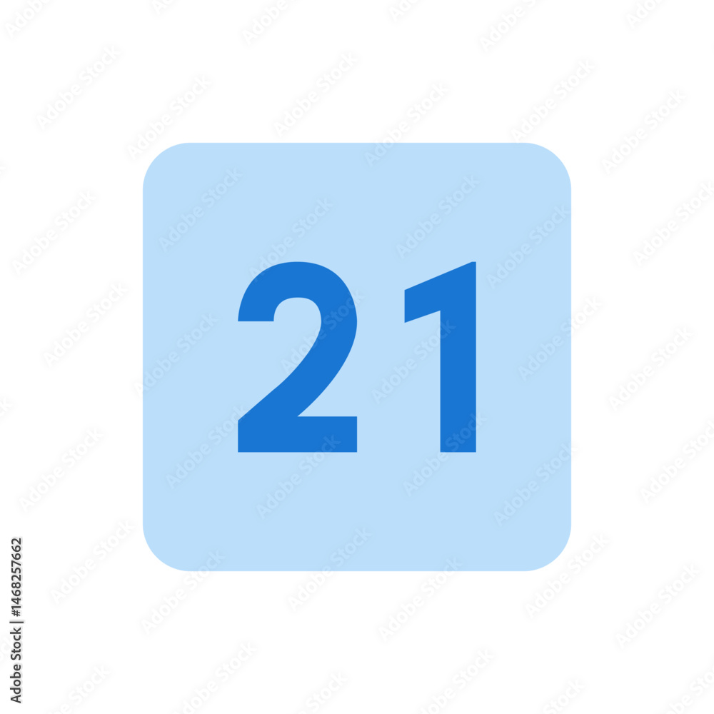 Poster illustration of the number twenty one in blue on a light blue rounded square background design eleme