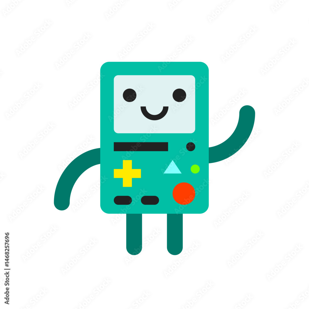 Aufkleber a friendly turquoise robot with a screen displaying a smile and geometric button shapes is waving he