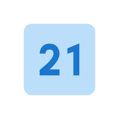 Illustration of the number twenty one in blue on a light blue rounded square background design element