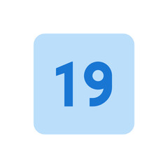 Illustration of the number nineteen in blue on a rounded light blue square background design element image