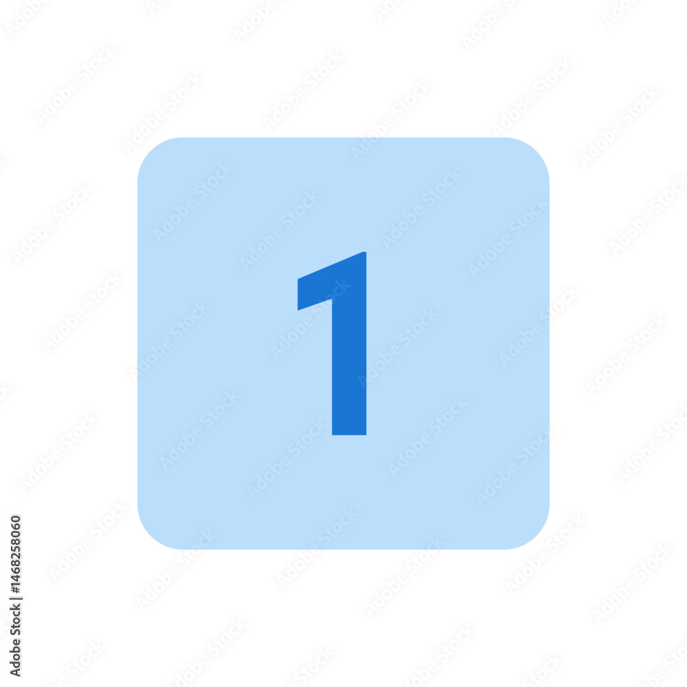 Poster a blue number one centered on a rounded light blue square background providing a simple visual eleme