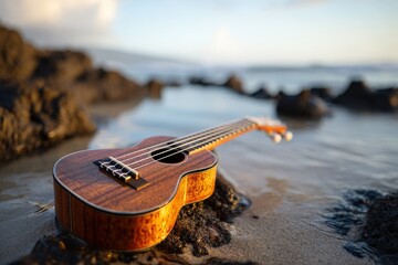 Ukulele on rocky beach at sunset.